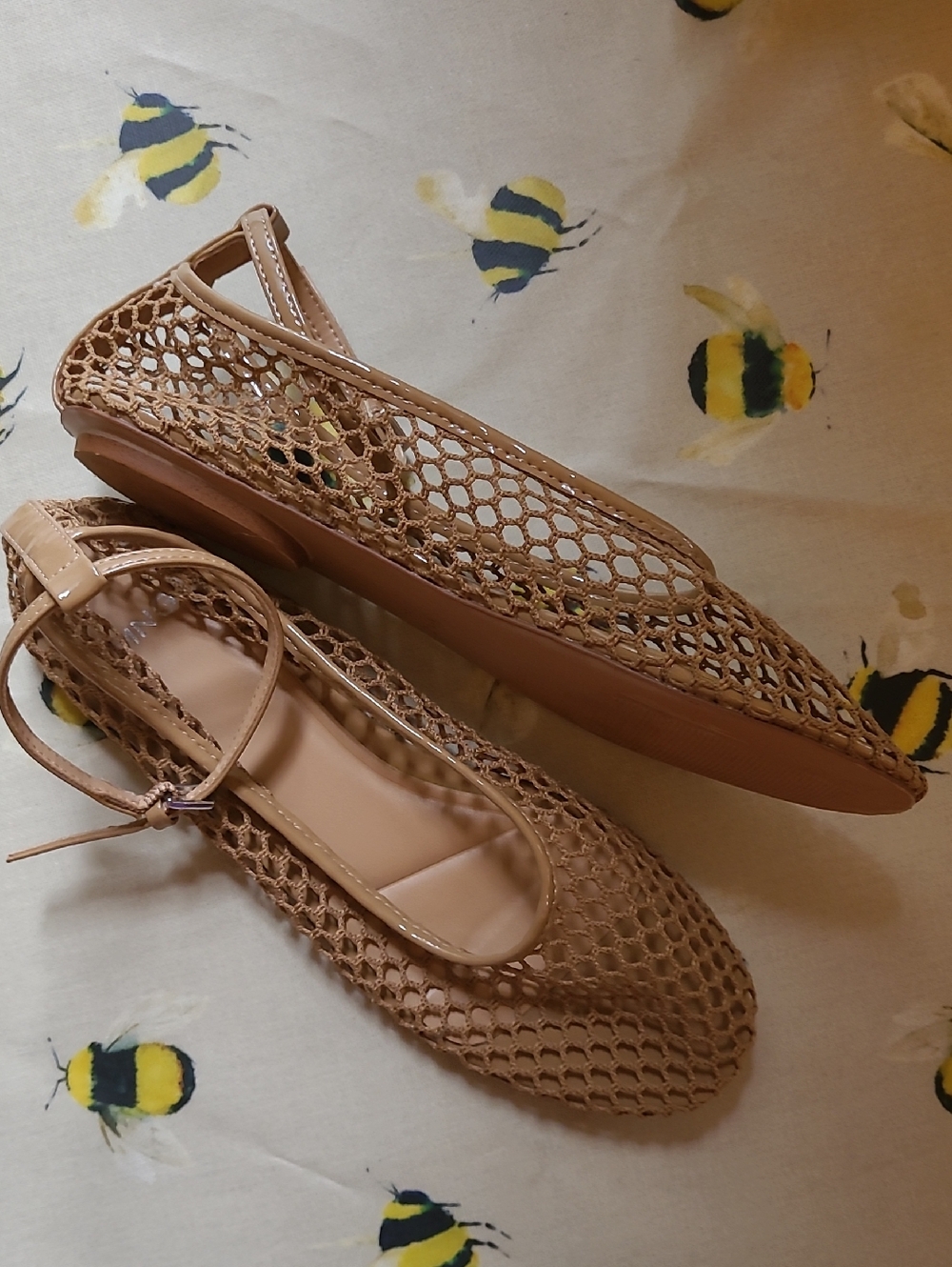 Mango Tan Fishnet Ballet Flats with Ankle Strap, 38/7.5 - Picture 3 of 8